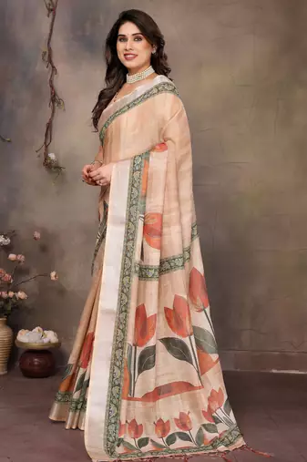 Cream cotton lilen digital printed saree with blouse