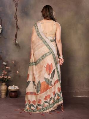 Cream cotton lilen digital printed saree with blouse 3