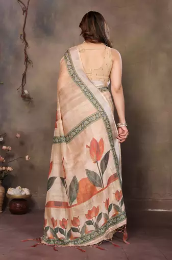 Cream cotton lilen digital printed saree with blouse