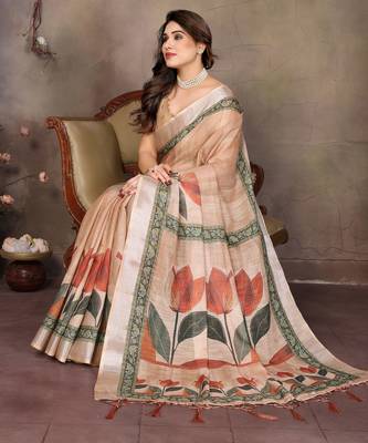 Cream cotton lilen digital printed saree with blouse 4