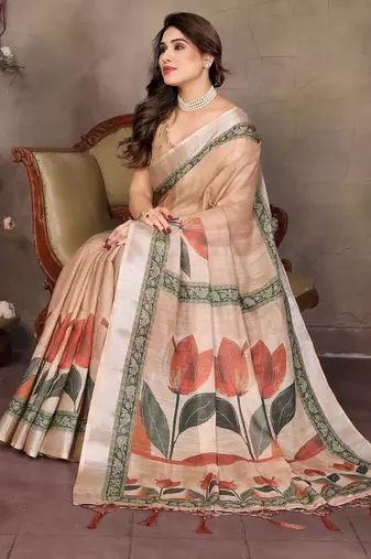 Cream cotton lilen digital printed saree with blouse