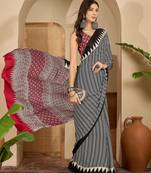 Women's black satin printed saree with unstitched blouse piece