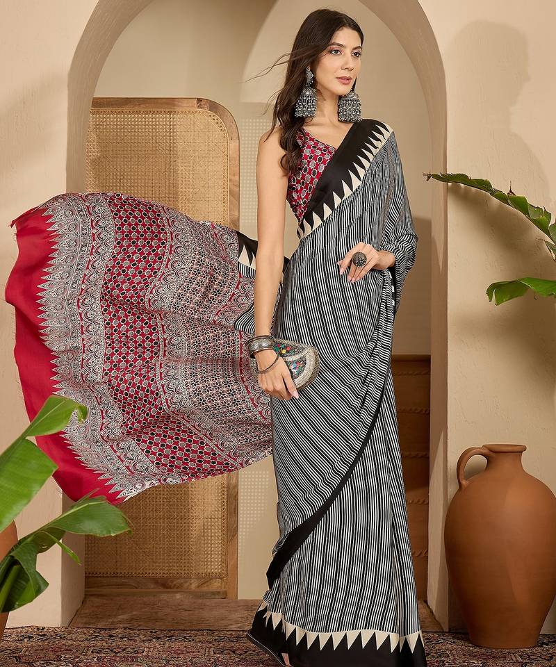 Women's black satin printed saree with unstitched blouse piece
