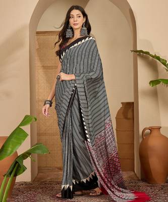 Women's black satin printed saree with unstitched blouse piece 2