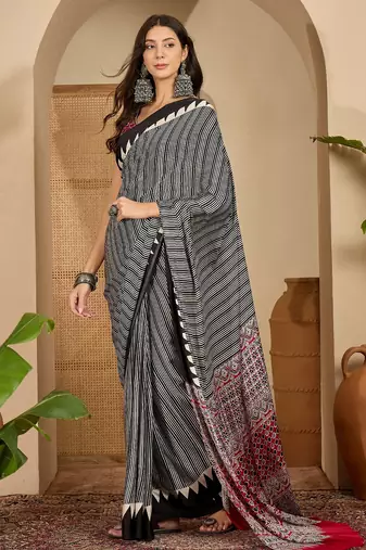 Women's black satin printed saree with unstitched blouse piece