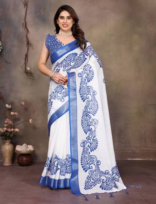 White cotton lilen digital printed saree with blouse 1