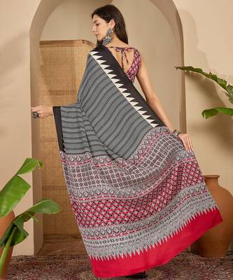 Women's black satin printed saree with unstitched blouse piece 3