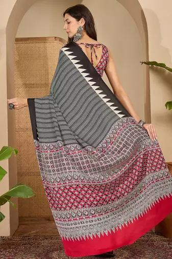 Women's black satin printed saree with unstitched blouse piece