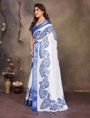 White cotton lilen digital printed saree with blouse 2
