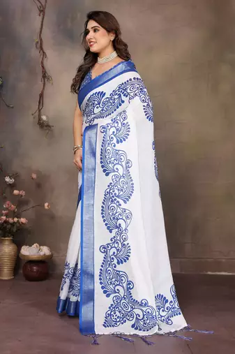 White cotton lilen digital printed saree with blouse