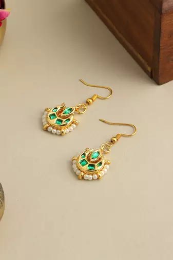 Gold plated kundan green stones earrings
