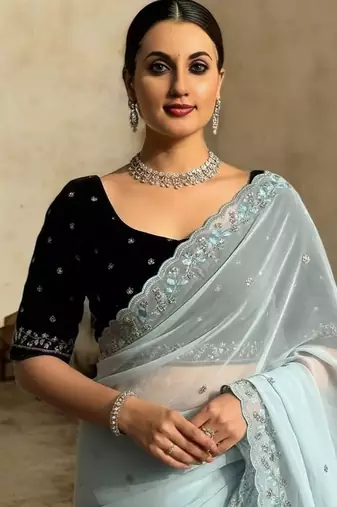 Sky Blue Color Beads And Sequins And Multi Thread Work Faux Georgette Saree