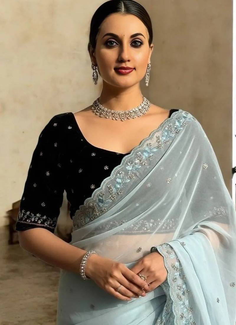 Sky Blue Color Beads And Sequins And Multi Thread Work Faux Georgette Saree