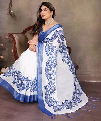 White cotton lilen digital printed saree with blouse 3