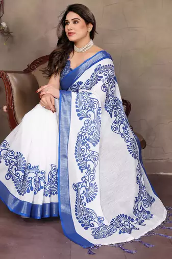 White cotton lilen digital printed saree with blouse