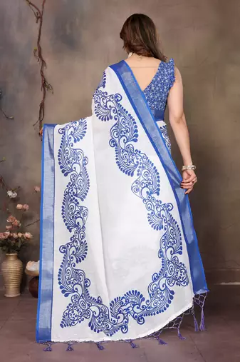 White cotton lilen digital printed saree with blouse