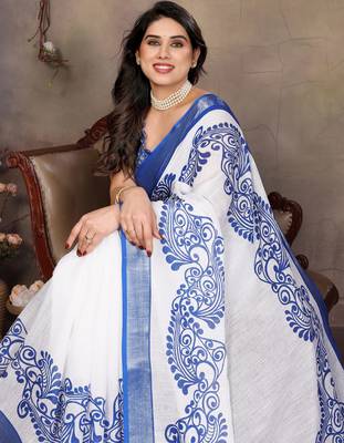 White cotton lilen digital printed saree with blouse 5