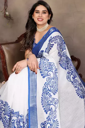 White cotton lilen digital printed saree with blouse