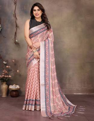 Peach cotton lilen digital printed saree with blouse 1
