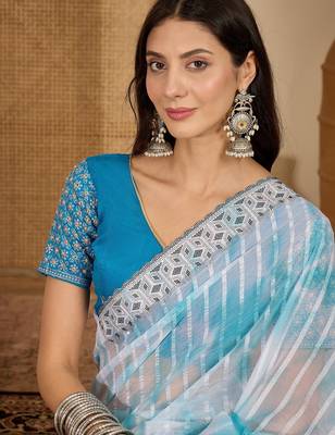 Women's sky blue chiffon embellished saree with unstitched blouse piece 2