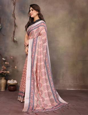 Peach cotton lilen digital printed saree with blouse 2