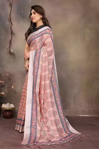 Peach cotton lilen digital printed saree with blouse