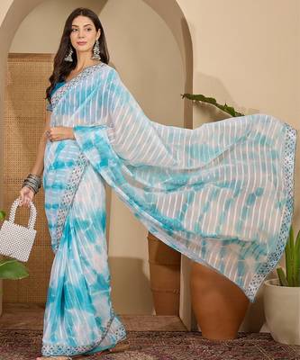 Women's sky blue chiffon embellished saree with unstitched blouse piece 3