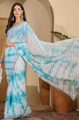 Women's sky blue chiffon embellished saree with unstitched blouse piece