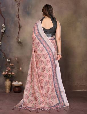 Peach cotton lilen digital printed saree with blouse 3