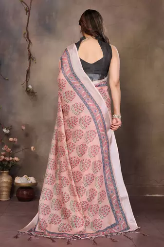 Peach cotton lilen digital printed saree with blouse