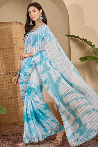 Women's sky blue chiffon embellished saree with unstitched blouse piece