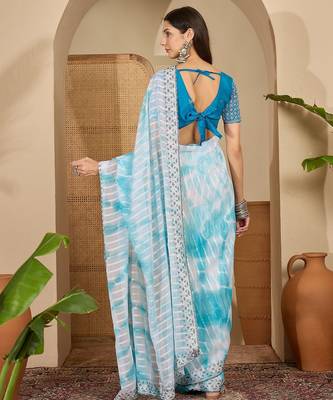 Women's sky blue chiffon embellished saree with unstitched blouse piece 4