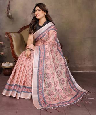 Peach cotton lilen digital printed saree with blouse 4