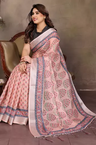 Peach cotton lilen digital printed saree with blouse