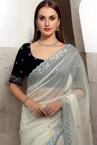 Off White Color Beads And Sequins And Multi Thread Work Faux Georgette Saree