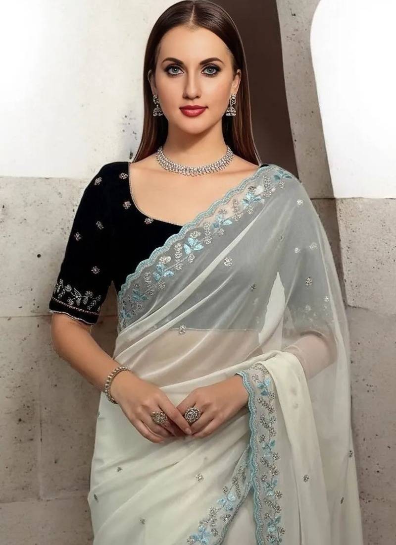 Off White Color Beads And Sequins And Multi Thread Work Faux Georgette Saree