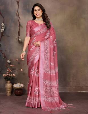 Pink cotton lilen digital printed saree with blouse 1