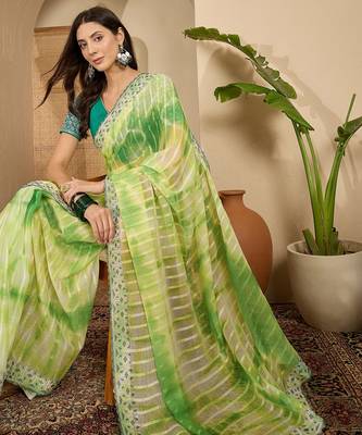 Women's parrot green chiffon embellished saree with unstitched blouse piece 2