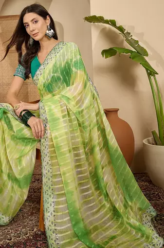 Women's parrot green chiffon embellished saree with unstitched blouse piece