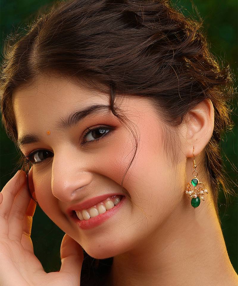 Gold plated kundan green stones earrings