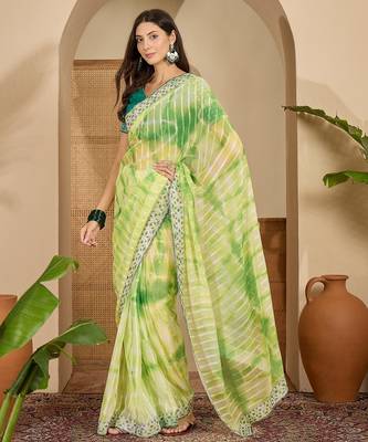 Women's parrot green chiffon embellished saree with unstitched blouse piece 1