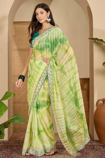 Women's parrot green chiffon embellished saree with unstitched blouse piece
