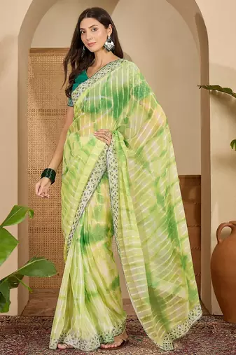 Women's parrot green chiffon embellished saree with unstitched blouse piece