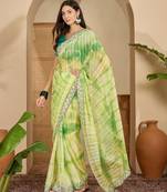 Women's parrot green chiffon embellished saree with unstitched blouse piece