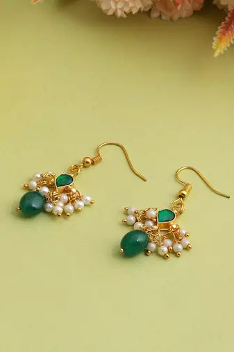 Gold plated kundan green stones earrings