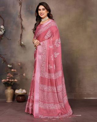 Pink cotton lilen digital printed saree with blouse 2