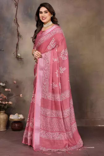 Pink cotton lilen digital printed saree with blouse