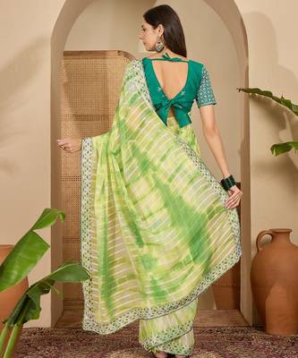 Women's parrot green chiffon embellished saree with unstitched blouse piece 3