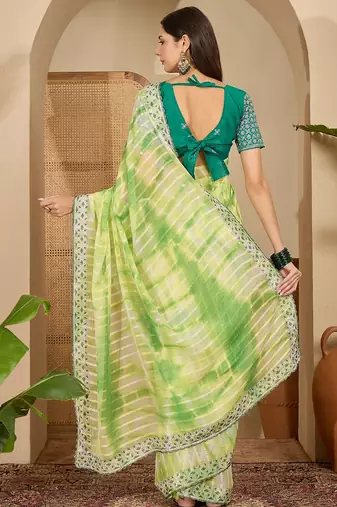 Women's parrot green chiffon embellished saree with unstitched blouse piece