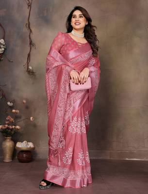 Pink cotton lilen digital printed saree with blouse 3